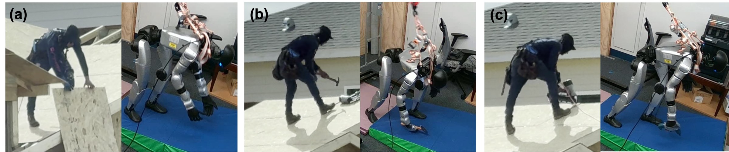 Side-by-side of a human on a pitched roof mockup and a G1 copying bend, hammer, and nailgun poses