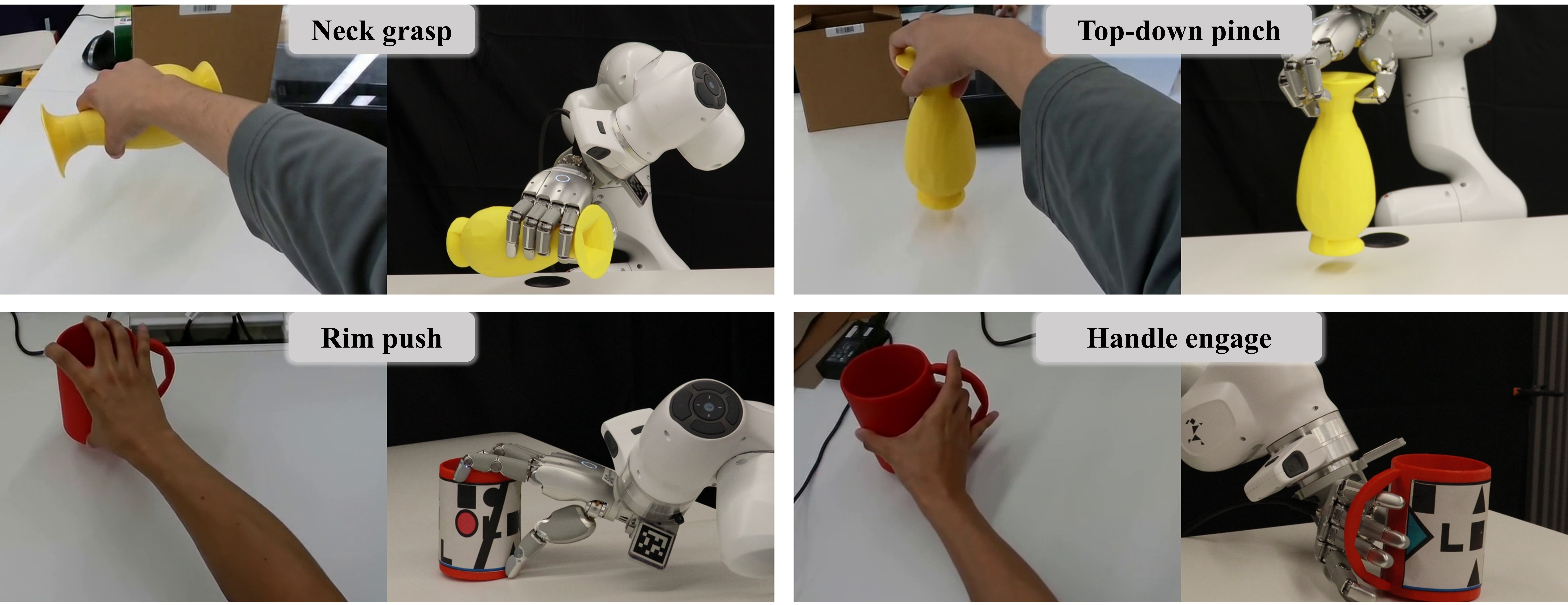 Side-by-side human and Sharpa Wave grasps: jar neck, top-down pinch, mug rim push, mug handle