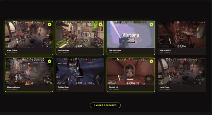 Medal.TV interface showing selected gameplay clips for training data