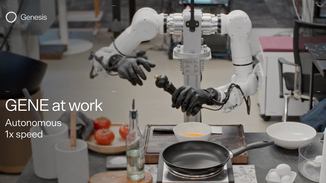 Genesis GENE dual-arm system with human-like hands cooking on a lab bench