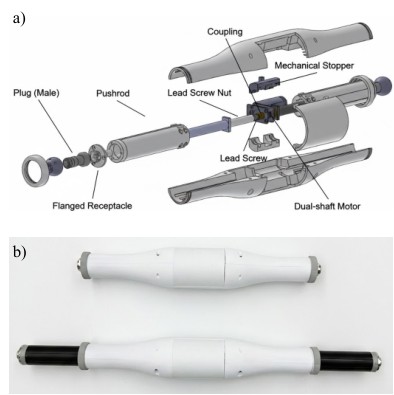 Exploded CAD of a dual-screw truss member above retracted and extended prototypes