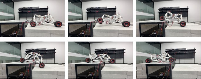 White truss rover with red-rimmed wheels climbing a block step in six stills