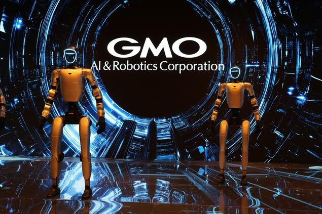 Two GMO-sold humanoids on a stage in front of a GMO AI and Robotics backdrop