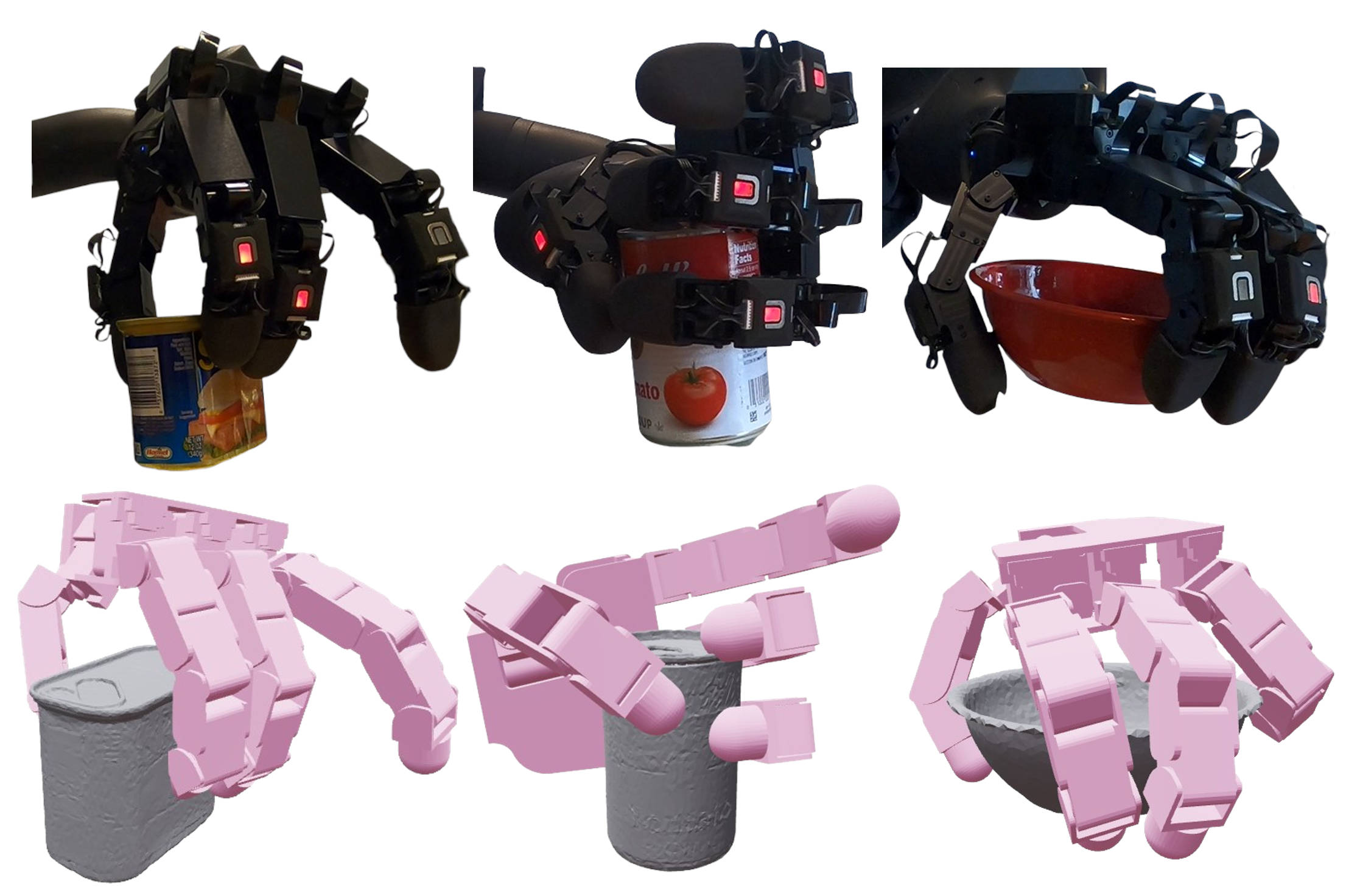 Allegro hand grasping YCB cans and a bowl next to matching simulations