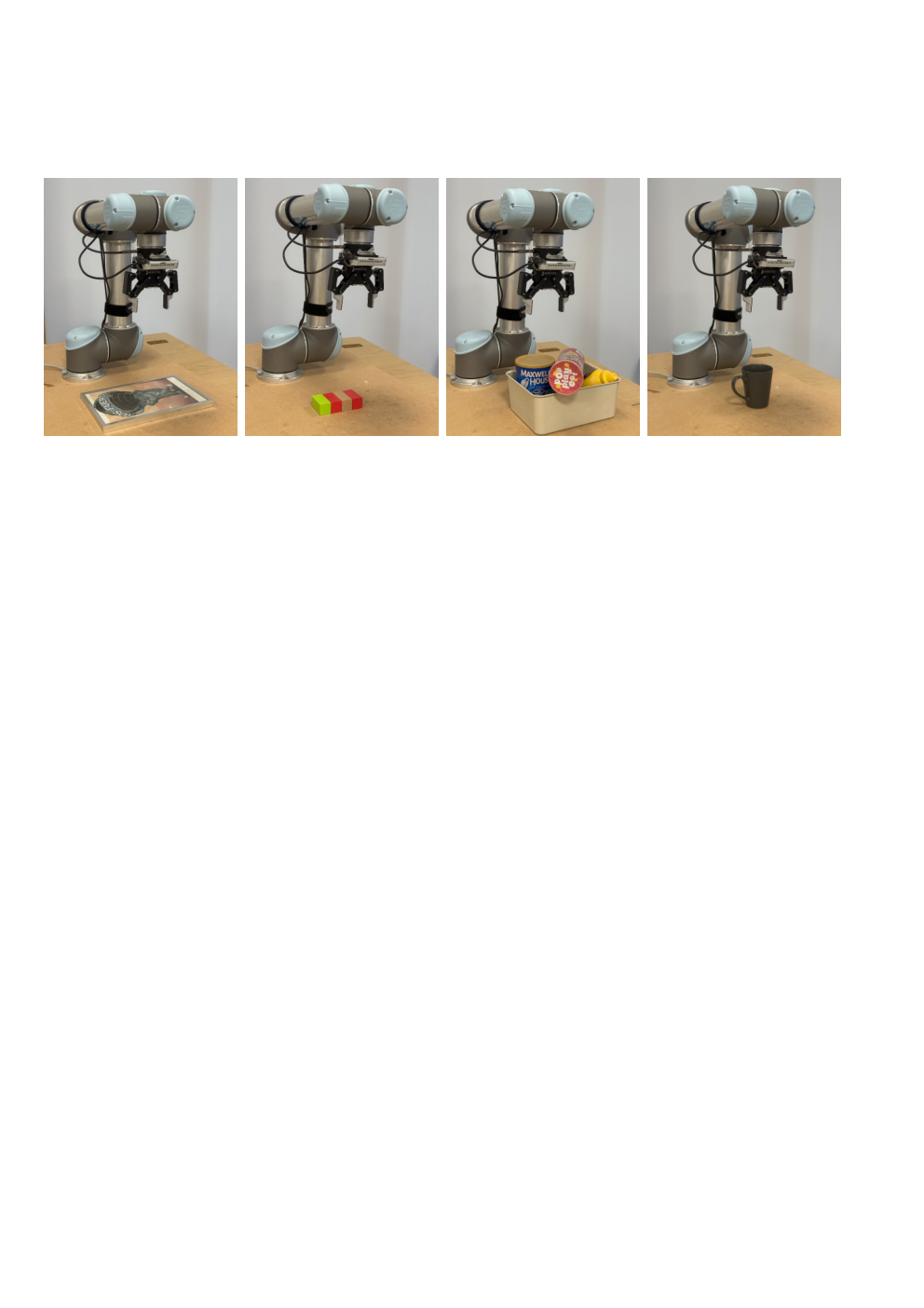 UR5 arm with a Robotiq gripper over a book, blocks, a bin of snacks, and a mug