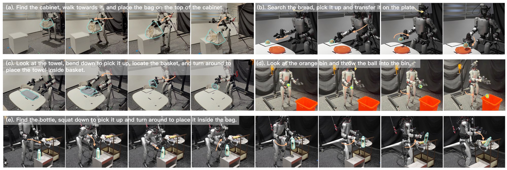 HALOMI real-world G1 tasks: bag transfer, bread place, towel, toss, squat grasp