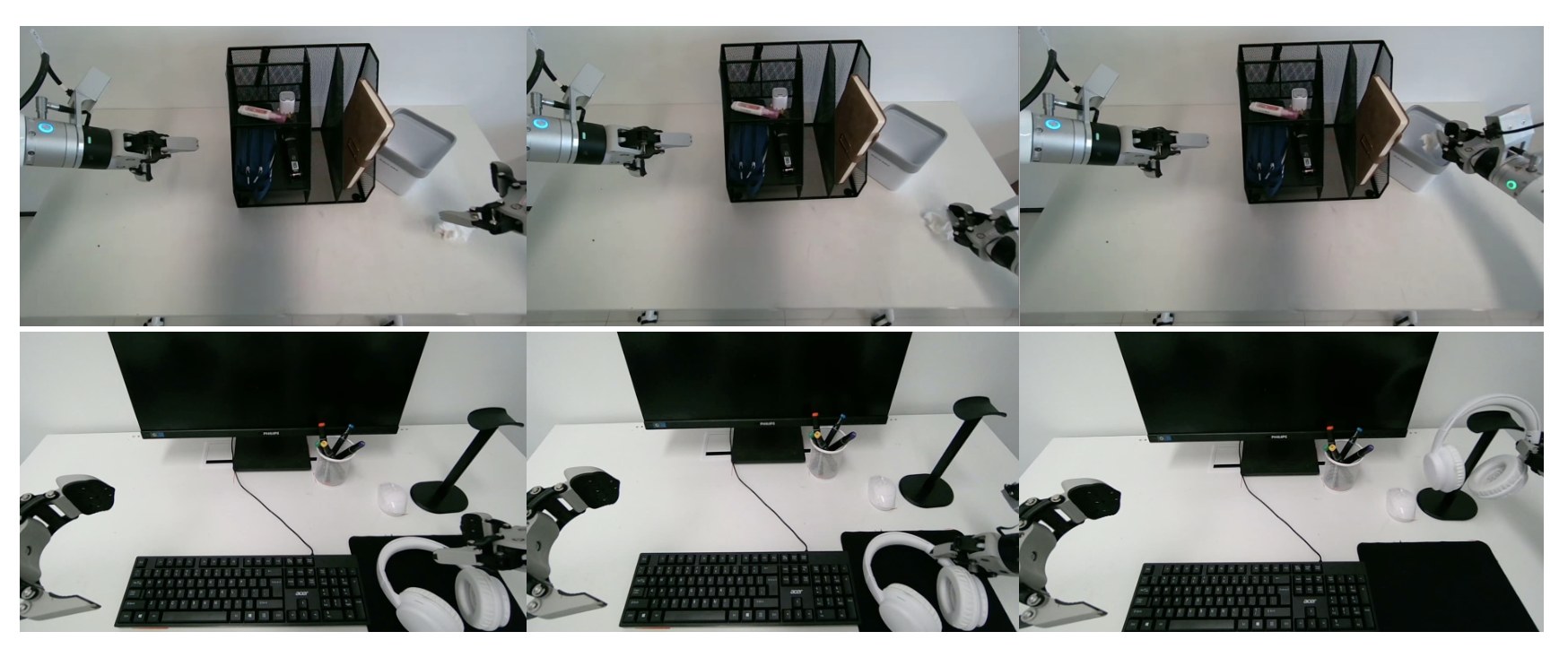 G1 real-world rollouts: tissue into a box on top, headphones onto a stand on the bottom
