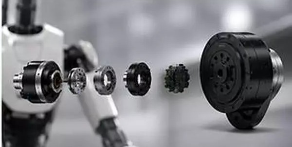 Exploded view of a humanoid actuator: motor, gears, encoder, and housing