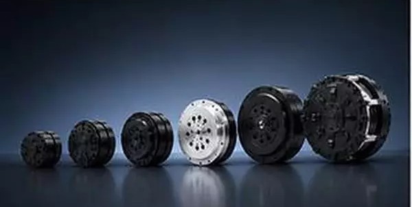 Five actuator sizes lined up from small wrist units to a large hip unit