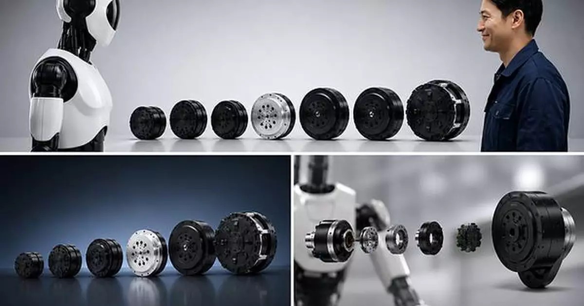 White humanoid torso facing a man across a row of six actuator sizes, plus exploded joint views