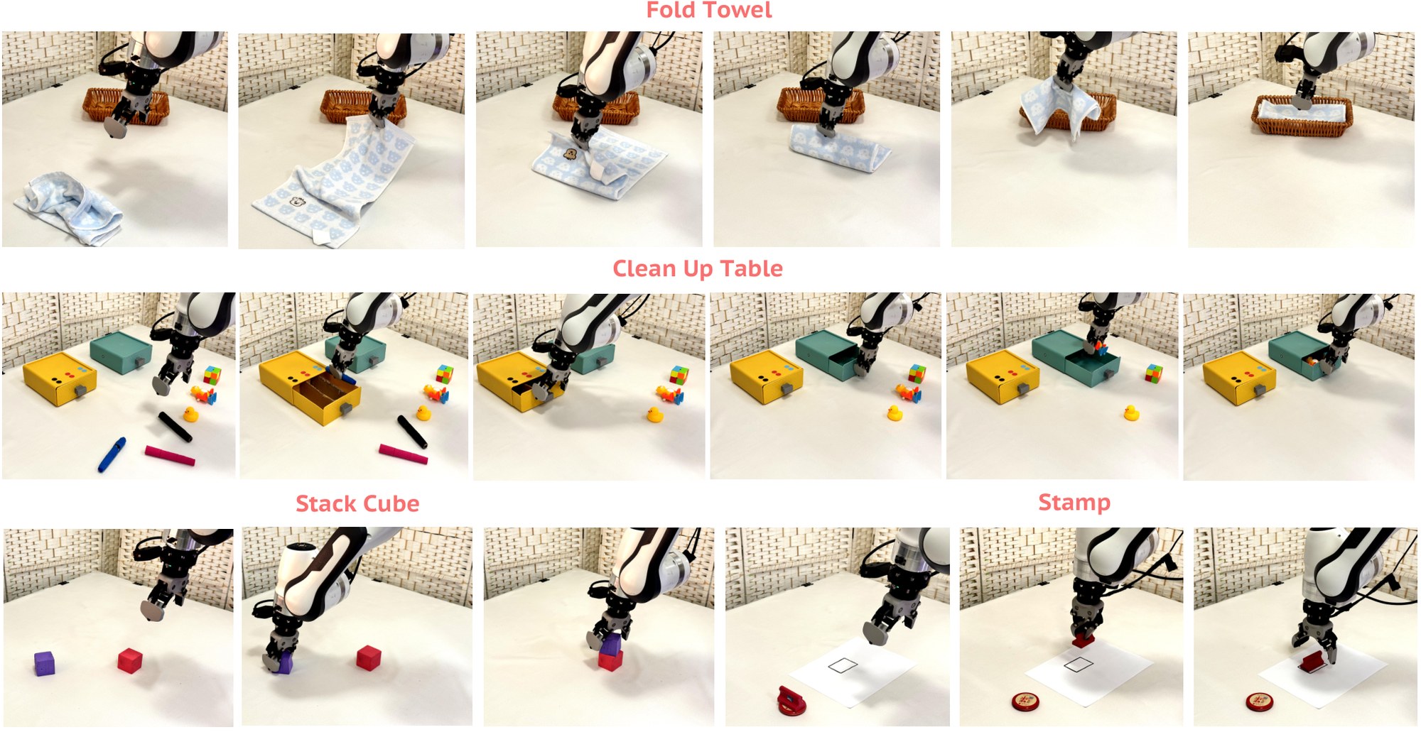Franka-style gripper folding a towel, sorting drawers, stacking cubes, and stamping paper