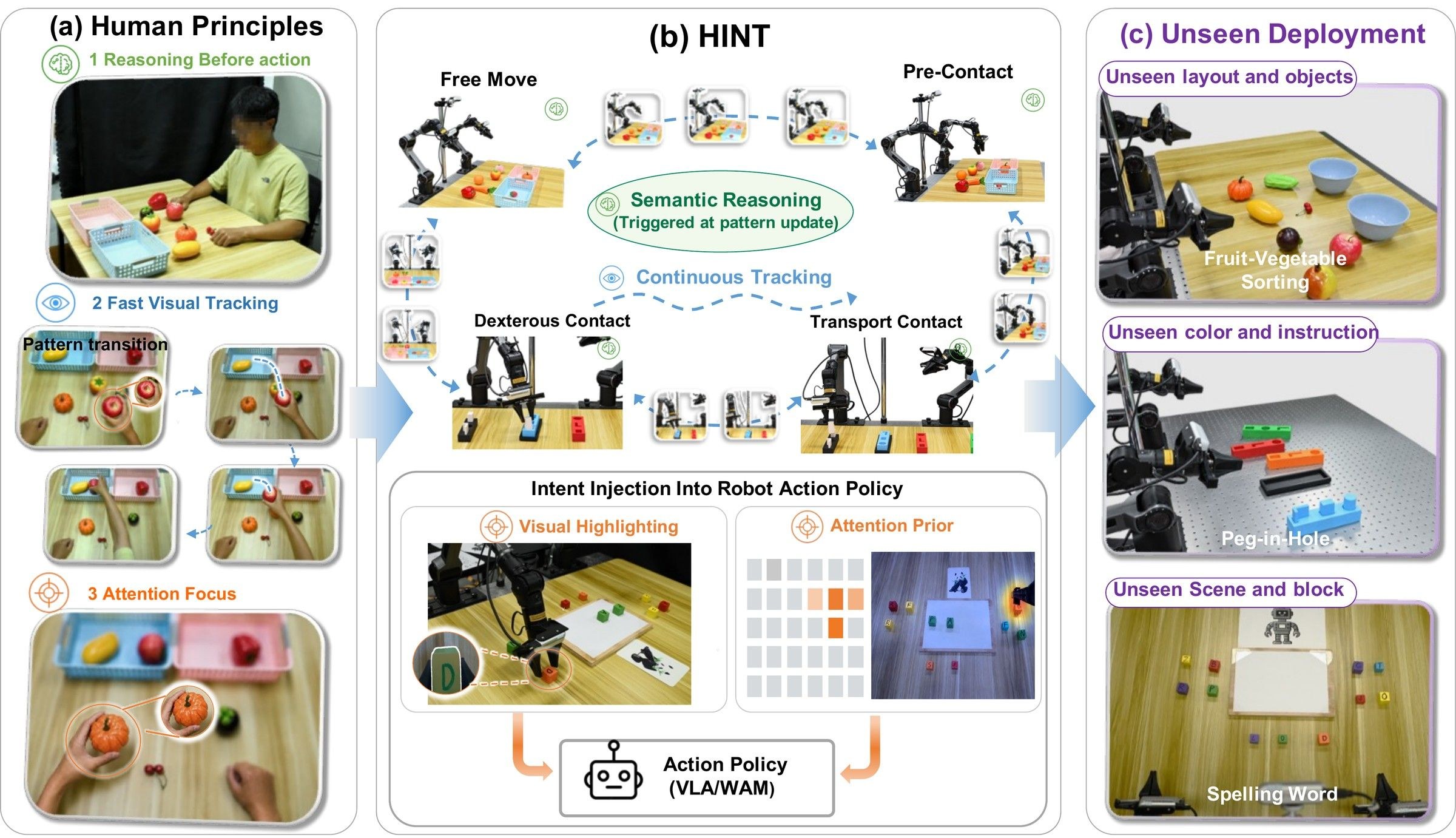 HINT overview: human tracking principles, dual-arm robot stages, and unseen fruit, peg, and spelling scenes