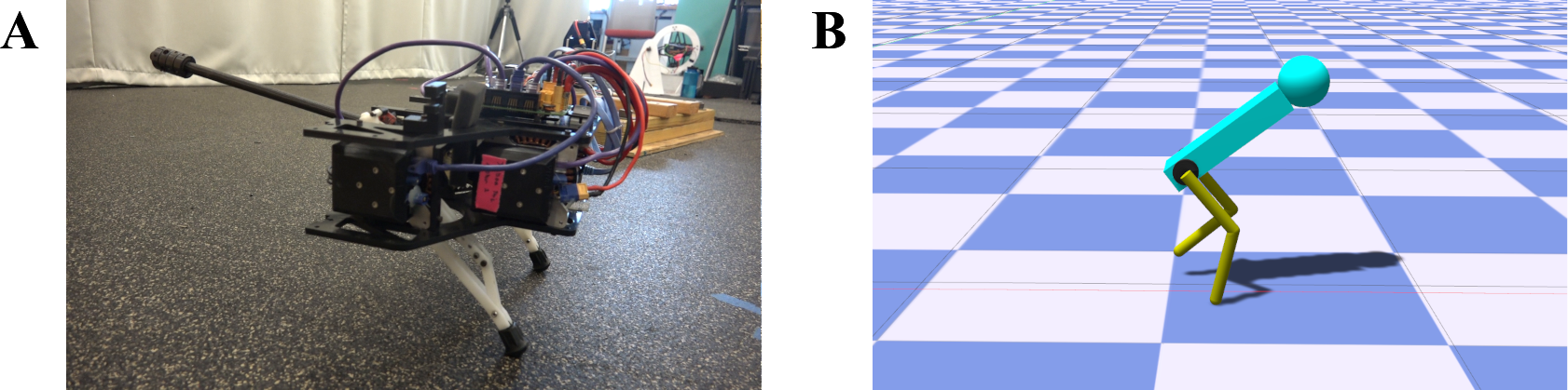 Penn Jerboa hardware on a lab floor next to a simulated 5-link biped