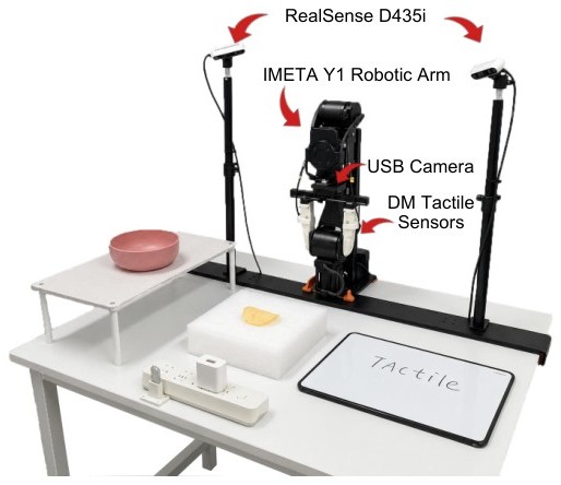 IMETA-Y1 arm, RealSense cameras, and DM-Tac sensors over a table of objects