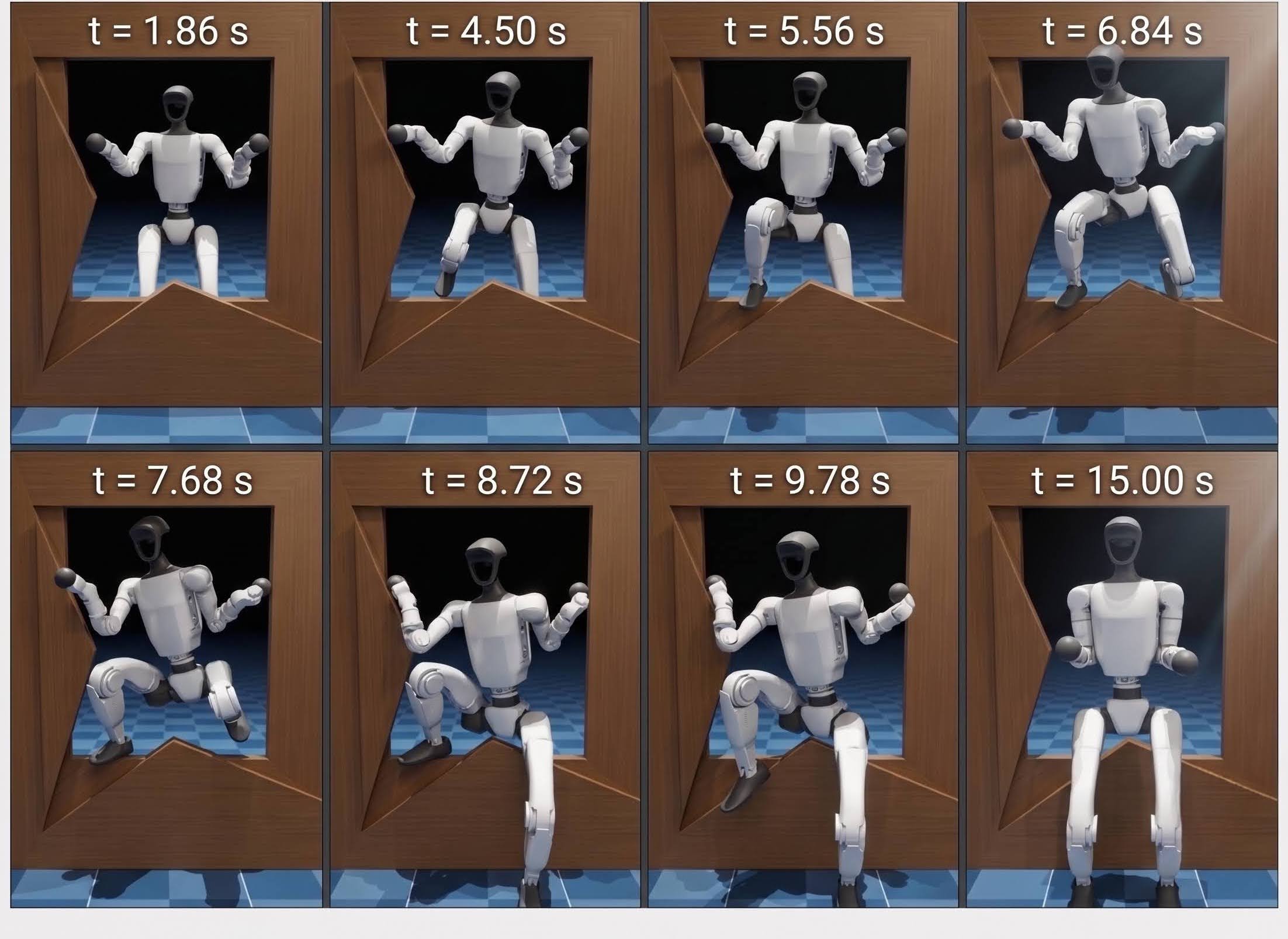 Eight-frame sequence of a G1 humanoid climbing through an obstructed wooden hole