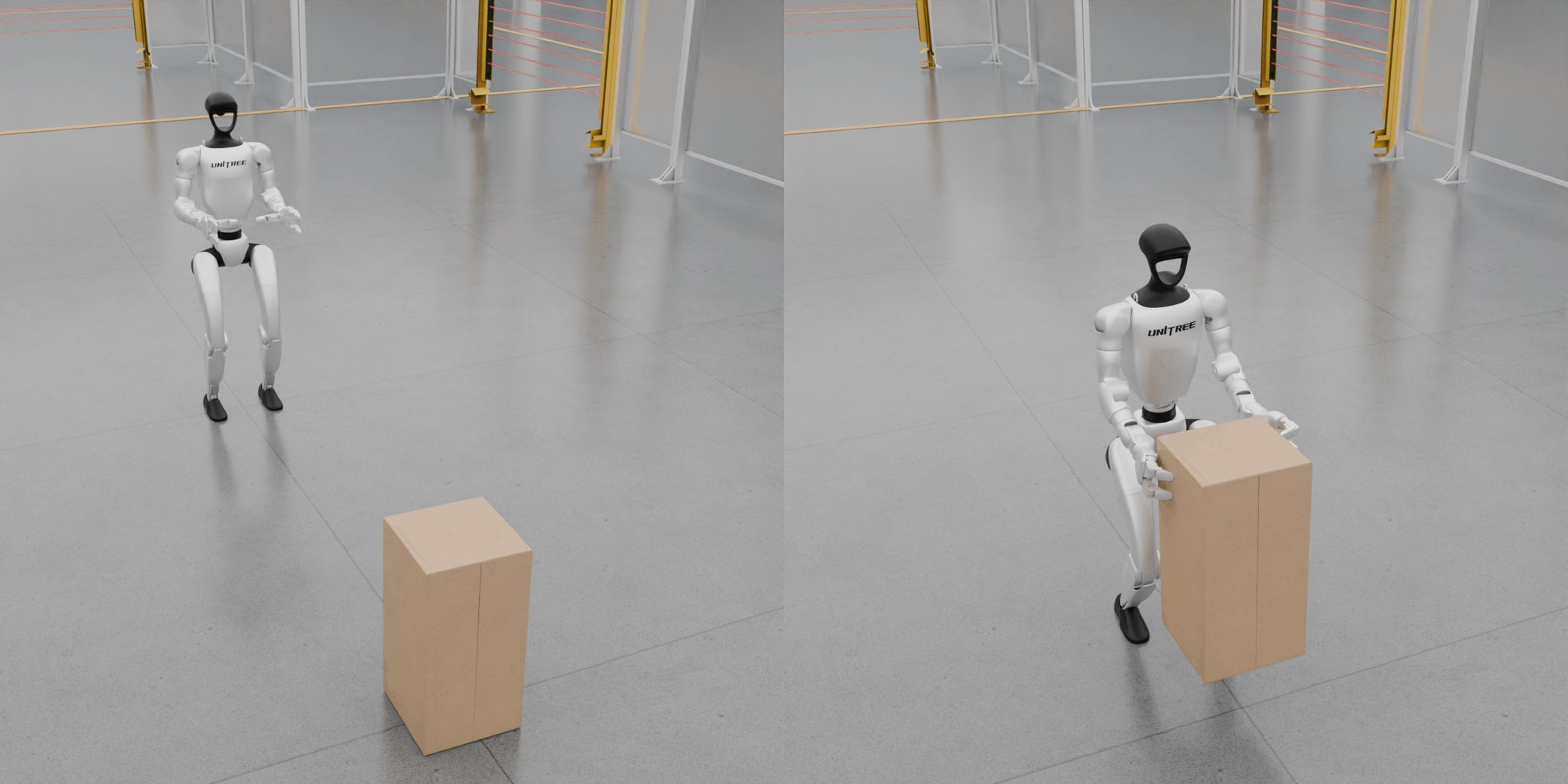 Simulated Unitree G1 lifting a floor box in HumanoidMimicGen benchmark