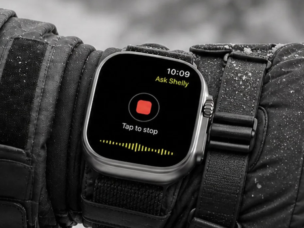 Smartwatch screen showing Ask Shelly voice control for Hypershell Halo