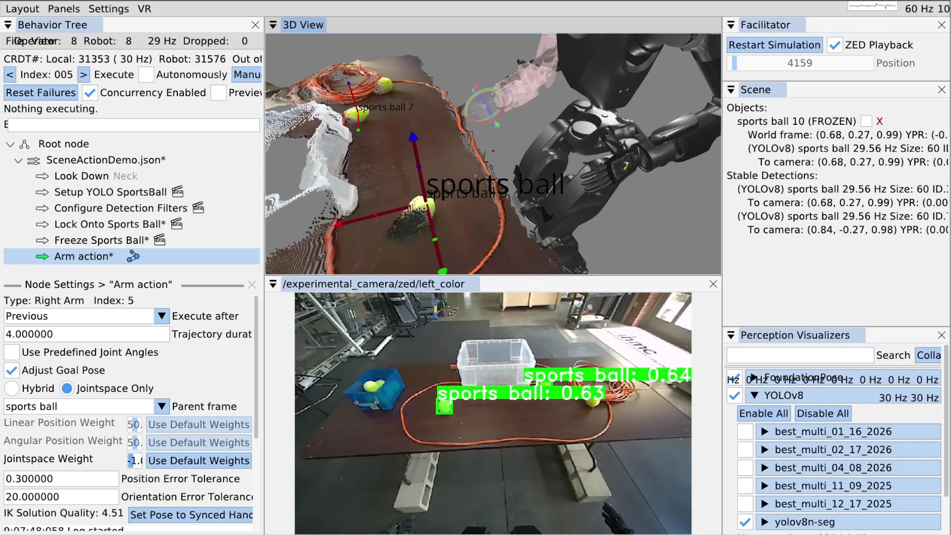 Operator UI showing a behavior tree, 3D twin, and camera view of tennis balls on a table