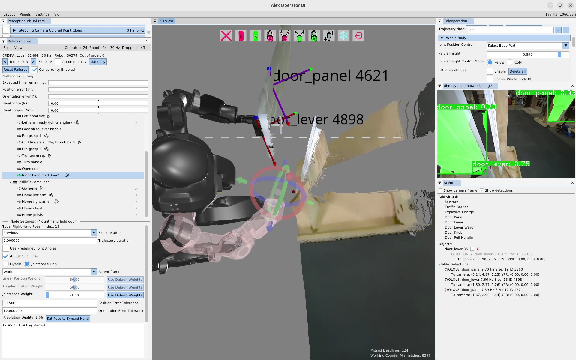 Alex operator UI overlaying door_panel and door_lever detections on a live camera view of a wooden door
