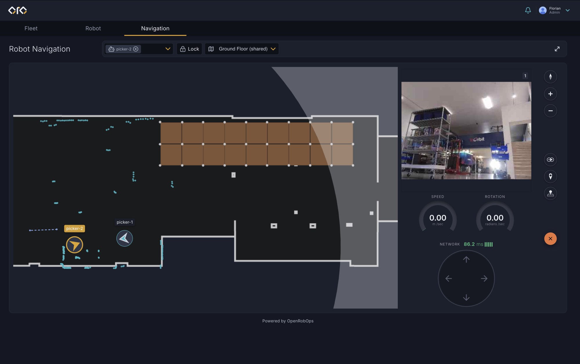 OpenRobOps navigation map with picker-1 and picker-2 plus a live camera view of warehouse racks