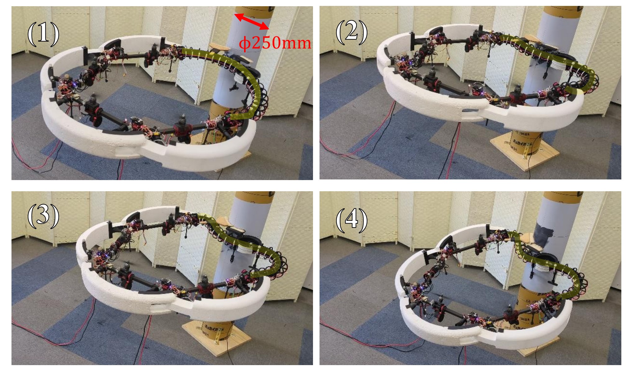 Four frames of the loop-link robot wrapping a 250 mm cylinder and painting it
