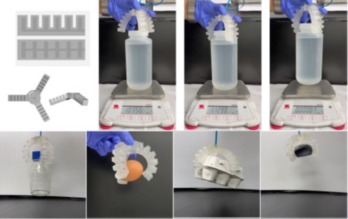 Photo grid of the printed gripper lifting a bottle on a scale and holding an egg