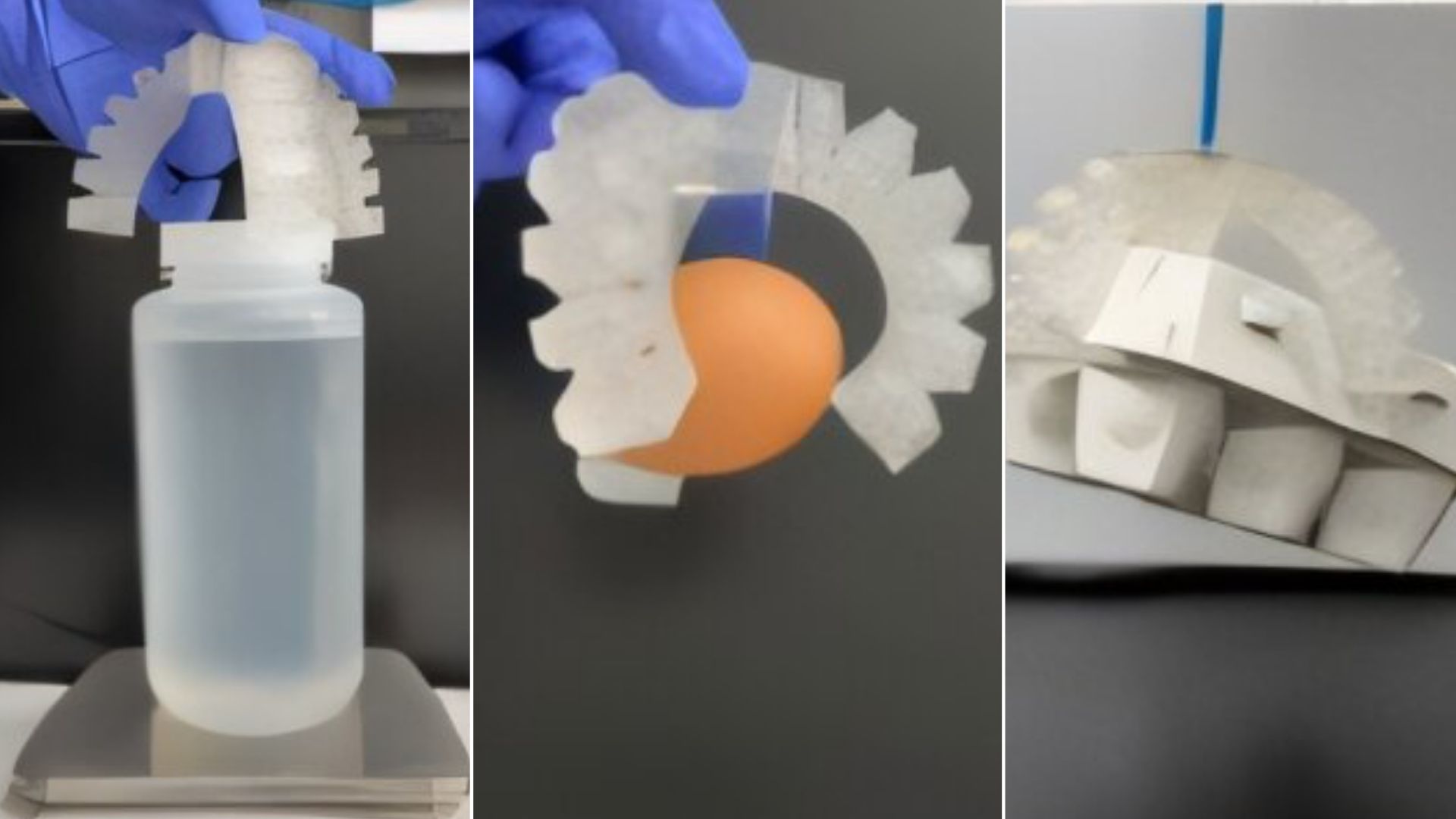 Soft printed gripper lifting a water bottle, holding a raw egg, and gripping an egg carton