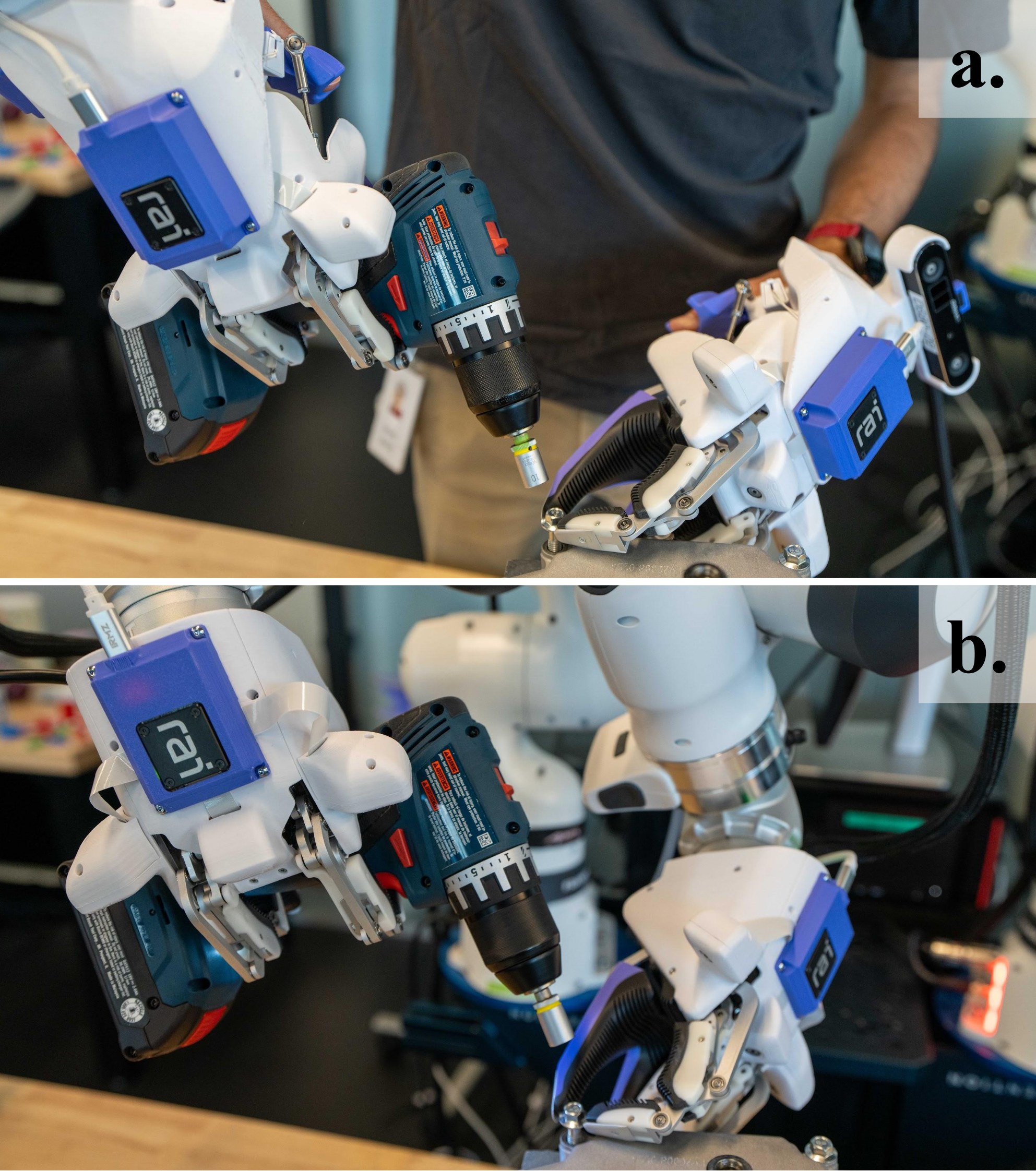 Handheld Koala gripper and robot-mounted Koala gripper both driving a cordless drill on a bolt