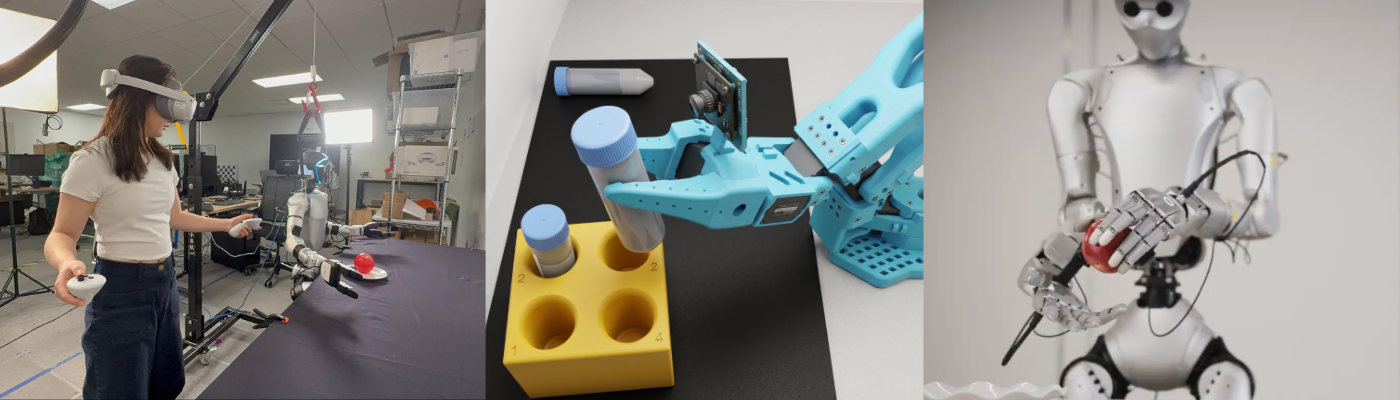 VR teleop, blue arm placing vials, silver humanoid holding an apple