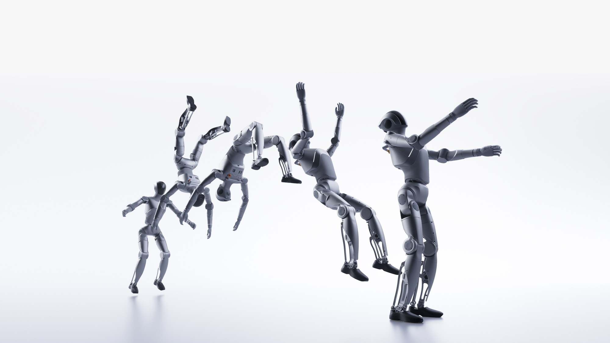 Studio composite of Luna humanoids in splits, flips, and outstretched dance poses