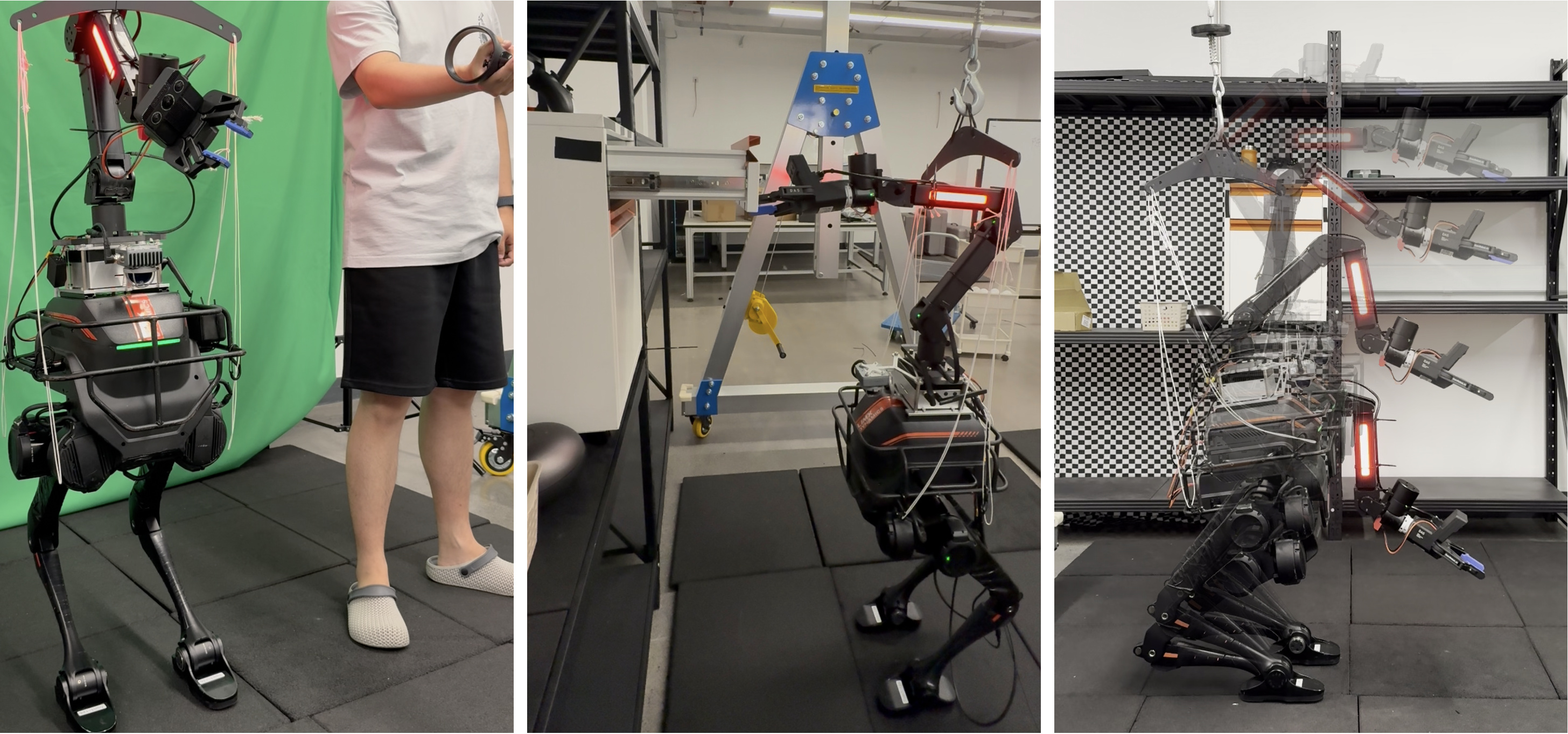 Three photos: VR teleop of the biped, a UMI gripper on a stand, and the robot reaching a high shelf