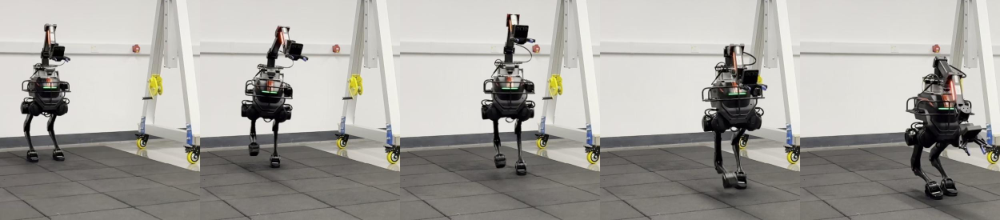 Five sequential frames of the LimX biped stepping and shifting posture while the arm tracks a target