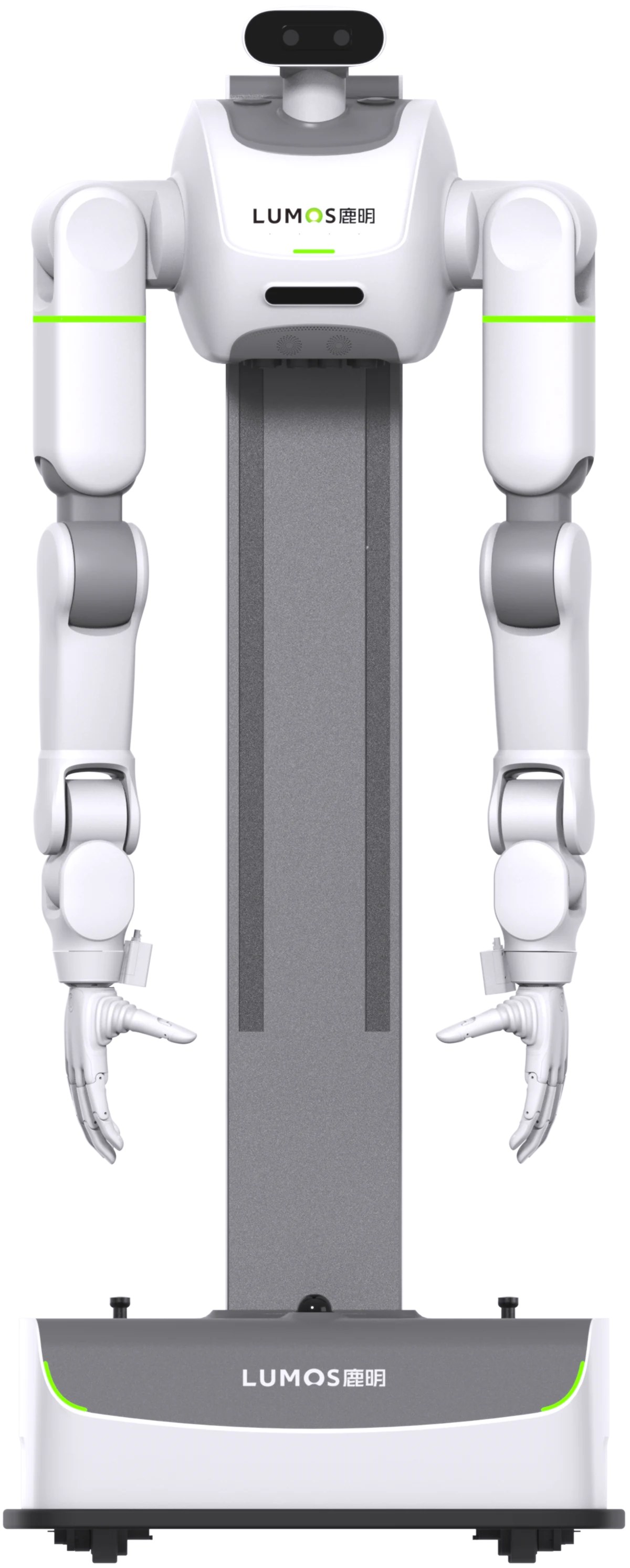 Front view of Lumos MOS 2 wheeled dual-arm robot