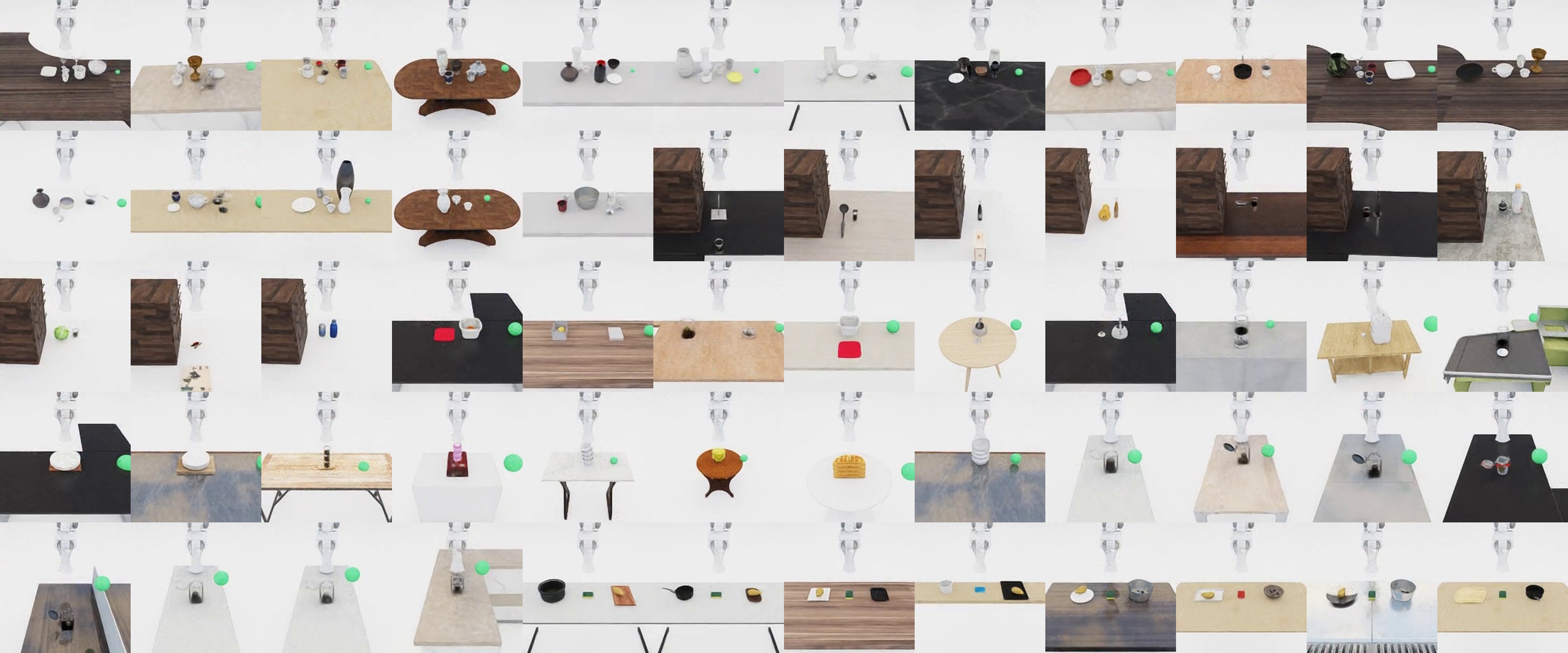 Collage of dozens of simulated household manipulation scenes used in ManiGuard-Bench