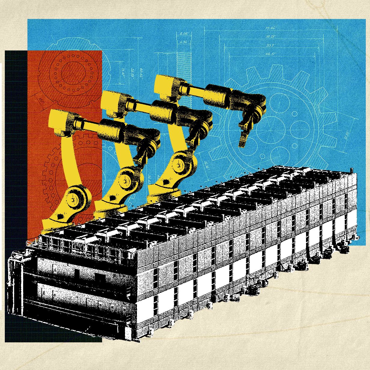 Editorial collage of yellow robot arms over a data-center building