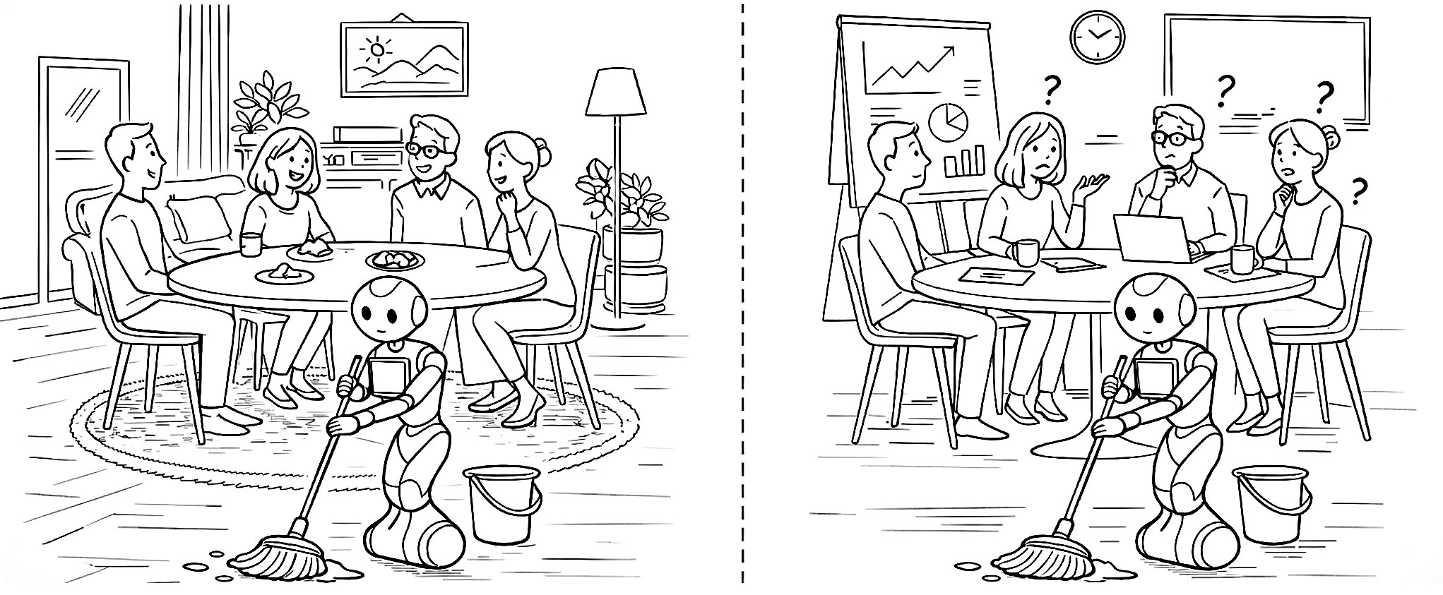 Cartoon of a robot mopping in a living room vs interrupting an office meeting