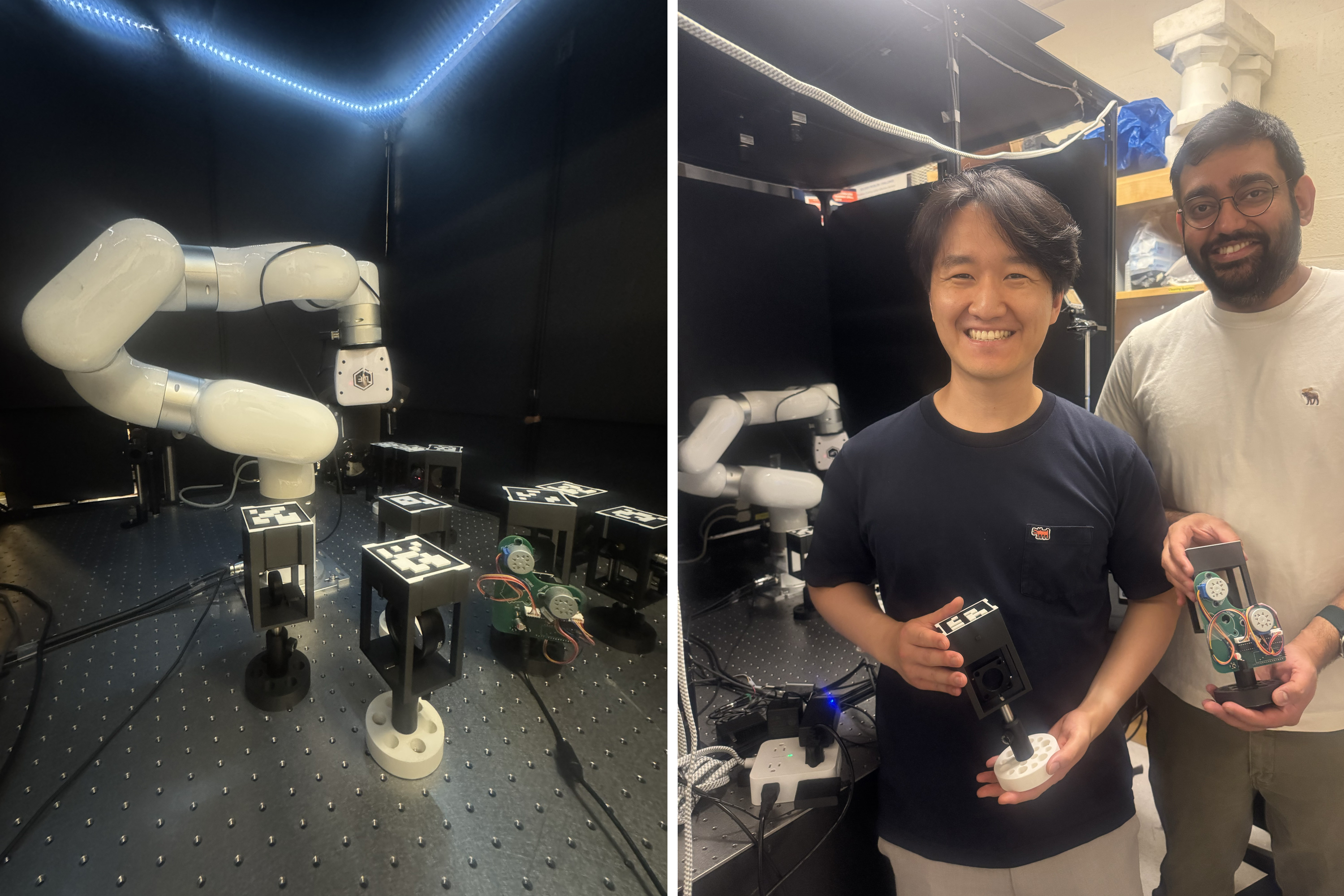 Left: robot arm over QR-coded optics. Right: Seou Choi and Sachin Vaidya holding custom optic housings