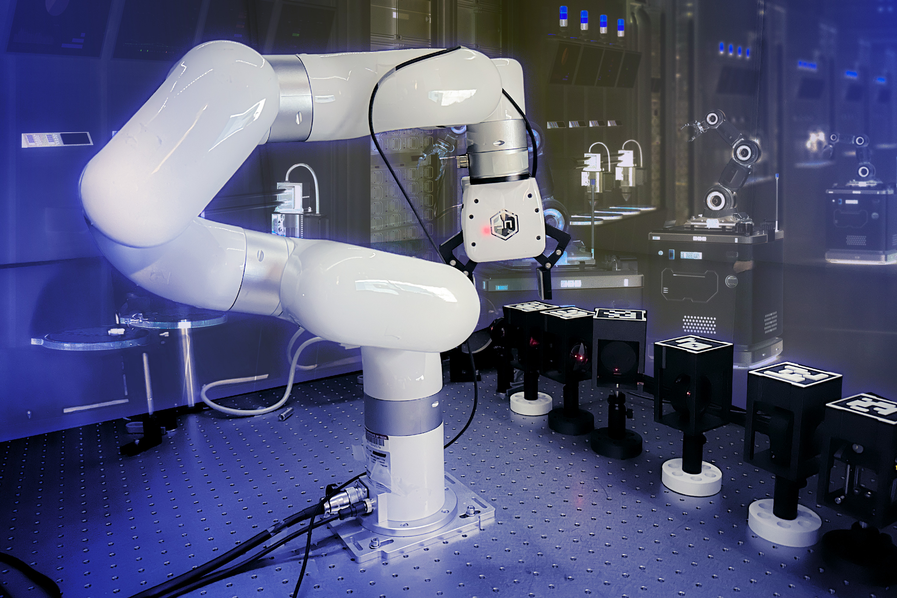 White seven-joint robot arm over QR-coded optical housings on an optical table