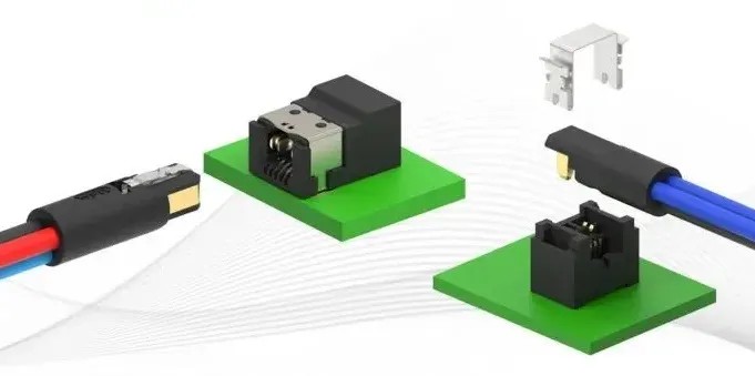 MiniMix hybrid connectors on green boards with red/blue and blue cable assemblies