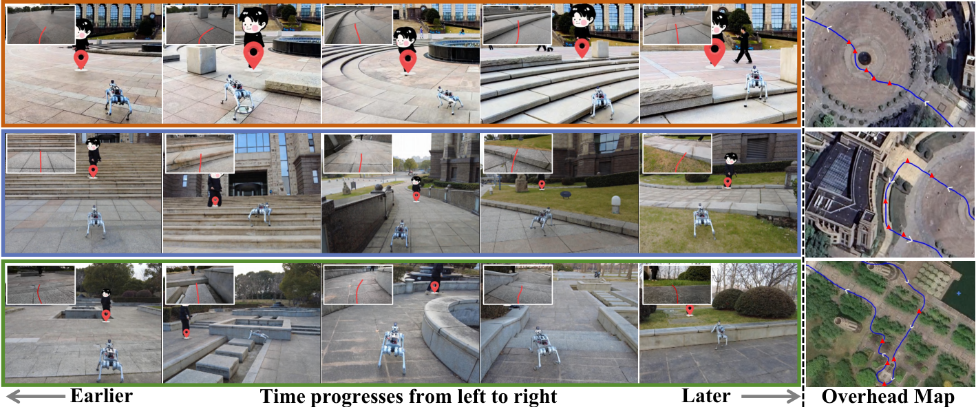 Unitree Go1 following a person across plaza stairs, grass, and gaps, with overhead maps