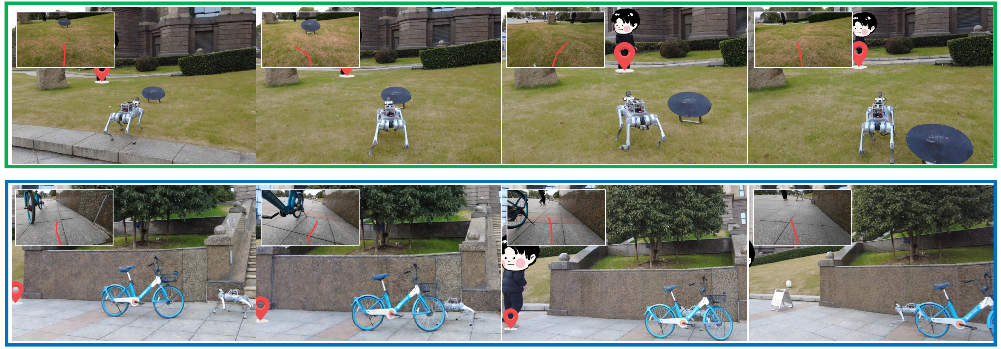 Go1 facing a disc on grass and a bicycle beside a path