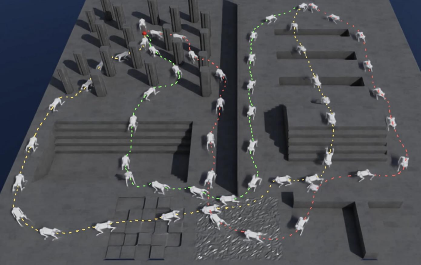 Isaac Sim Go1 traces taking different parkour paths through pillars, stairs, and gaps