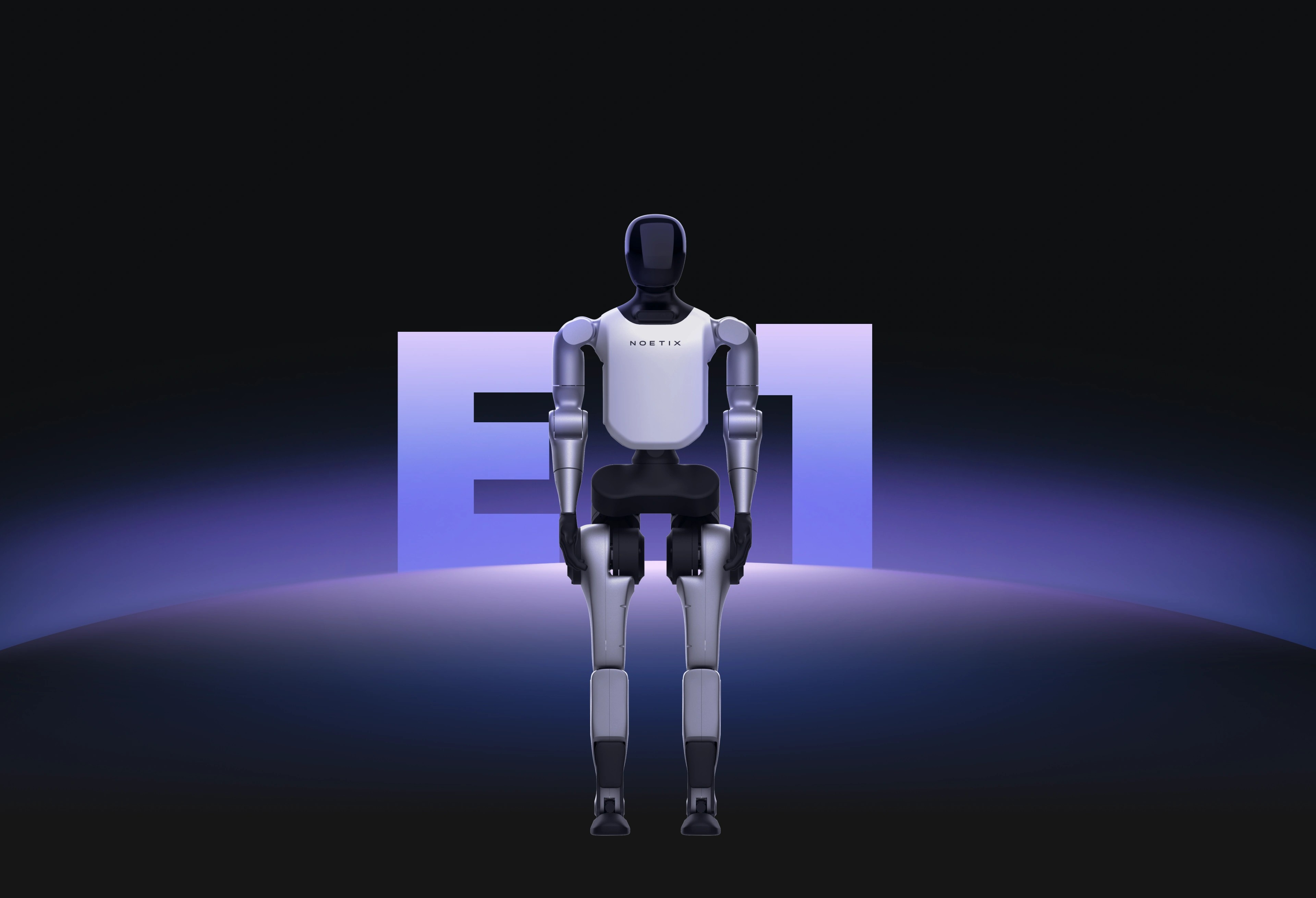 Noetix E1 humanoid standing in front of large E1 branding