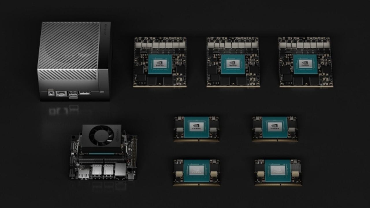Family of NVIDIA Jetson Orin modules and developer kits on a black background