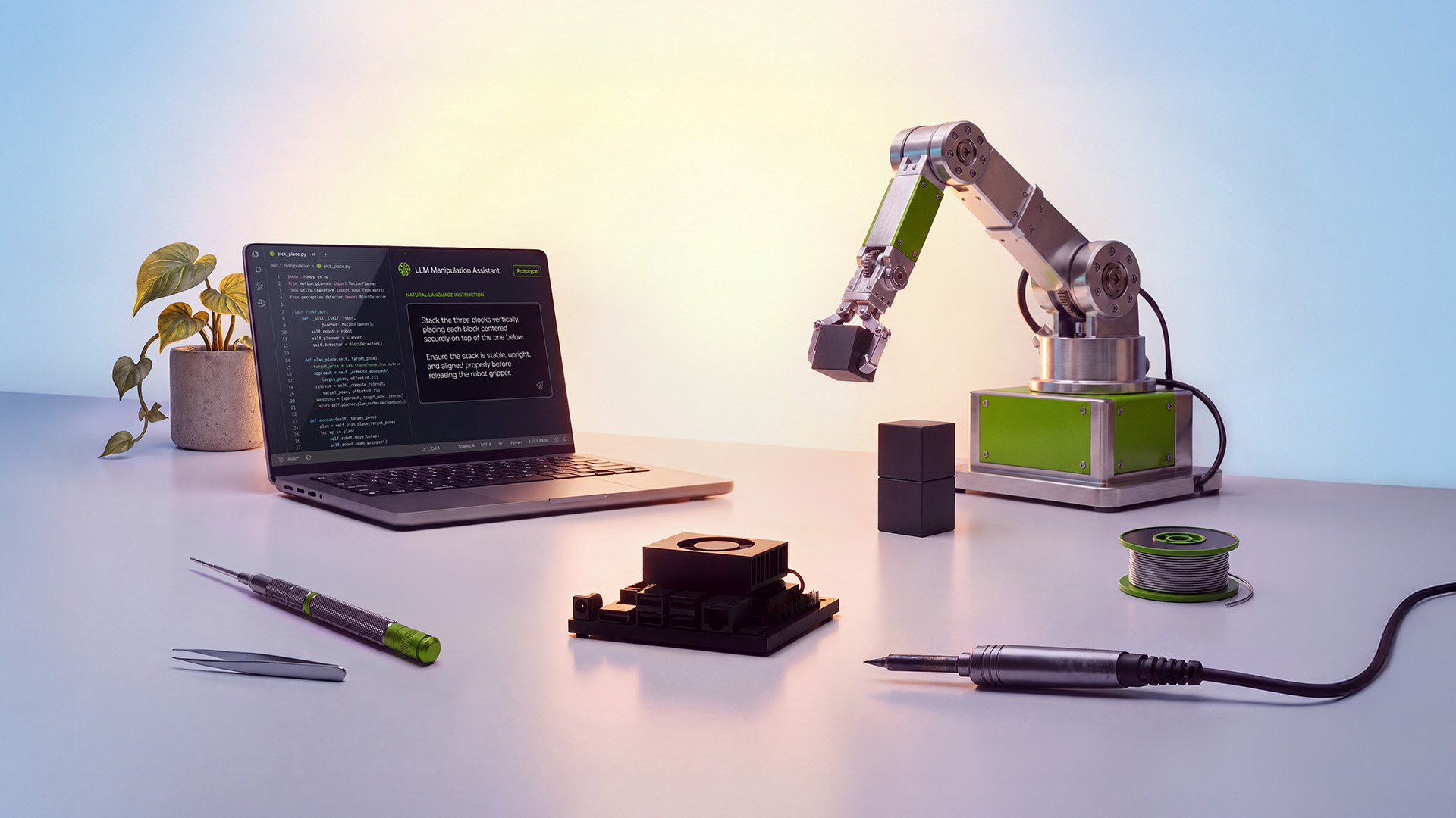 NVIDIA Jetson Orin Nano 2 developer kit on a desk next to a small robot arm and a laptop running a manipulation assistant