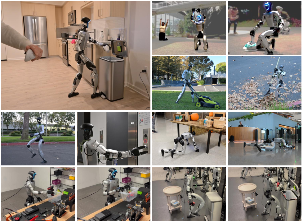 Collage of a Unitree G1 taking out trash, dancing, mowing, raking, crawling, and manipulating objects