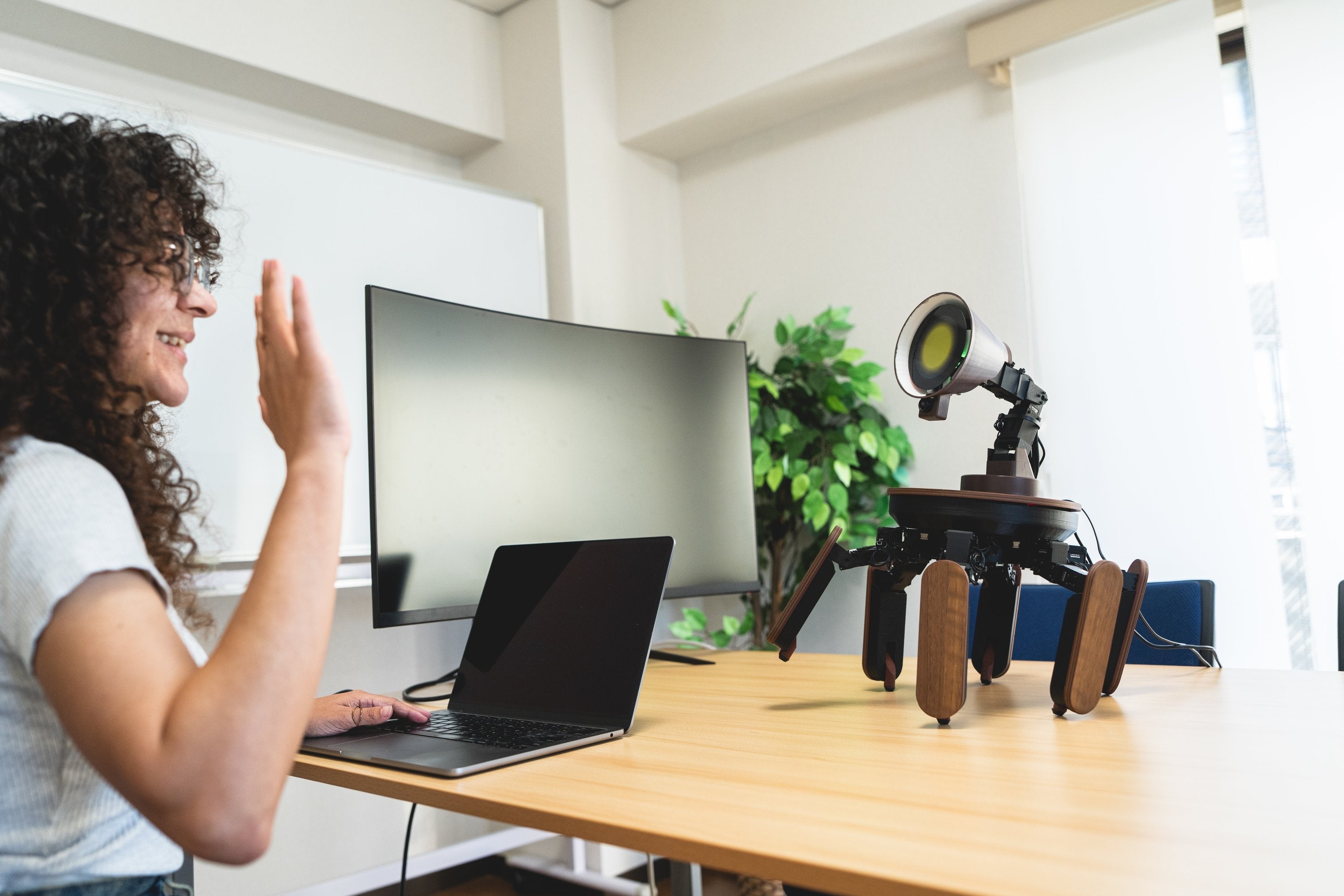 A person at a desk waving; Palmimo on the table faces them