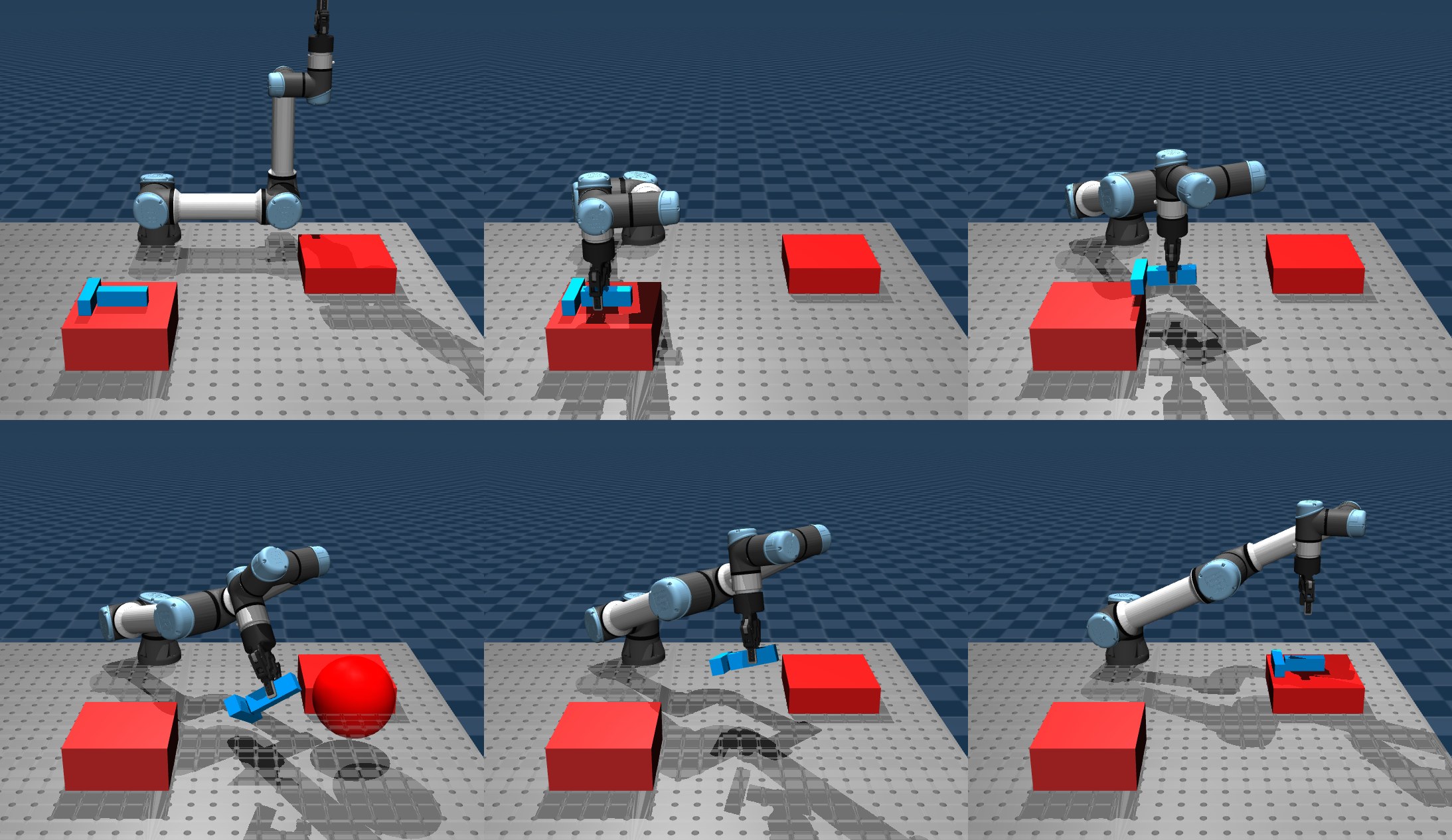 MuJoCo UR5e redirecting around a flying sphere while carrying an object