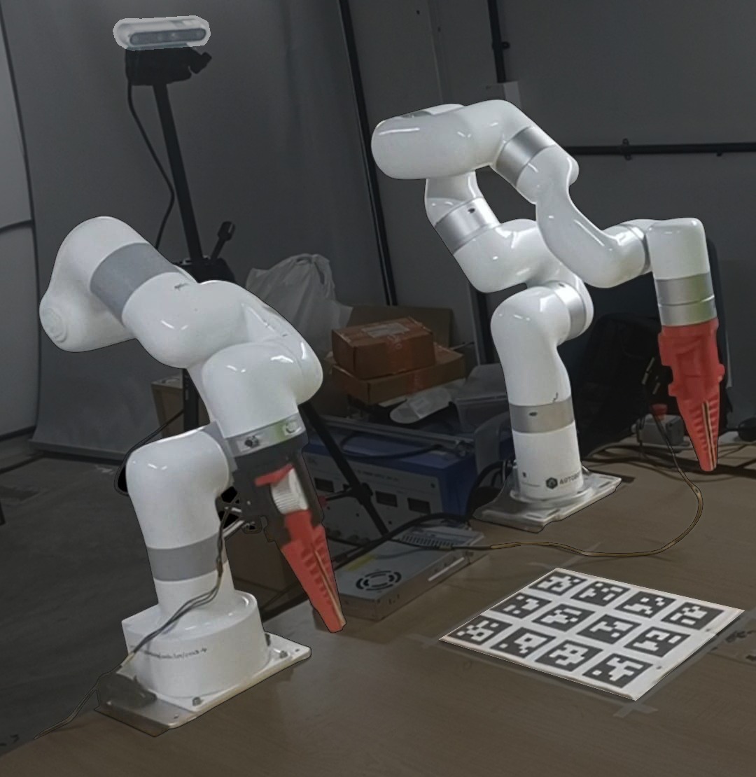 Real dual-arm lab setup with two white robot arms over a table of large objects