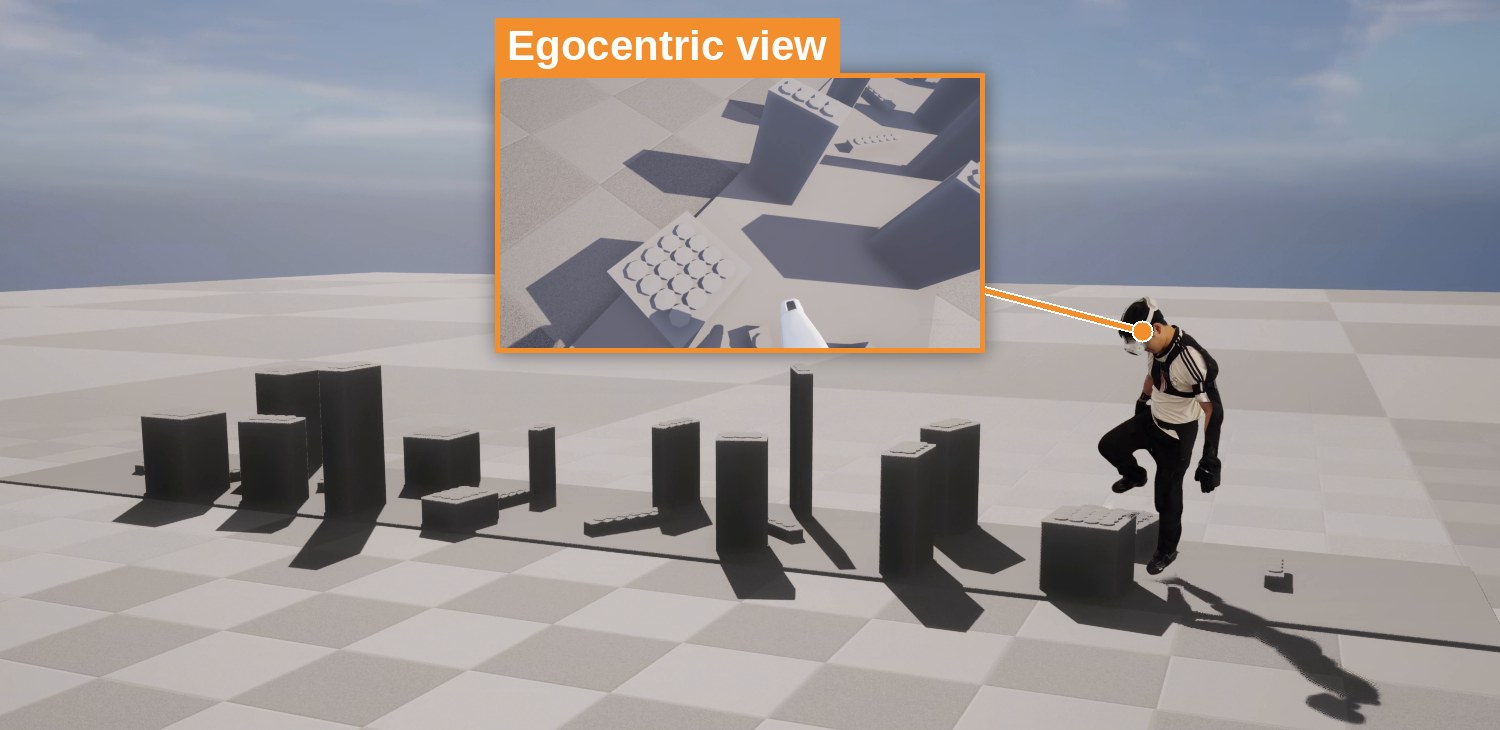 Operator in a mocap suit stepping through a VR clutter scene with an egocentric inset